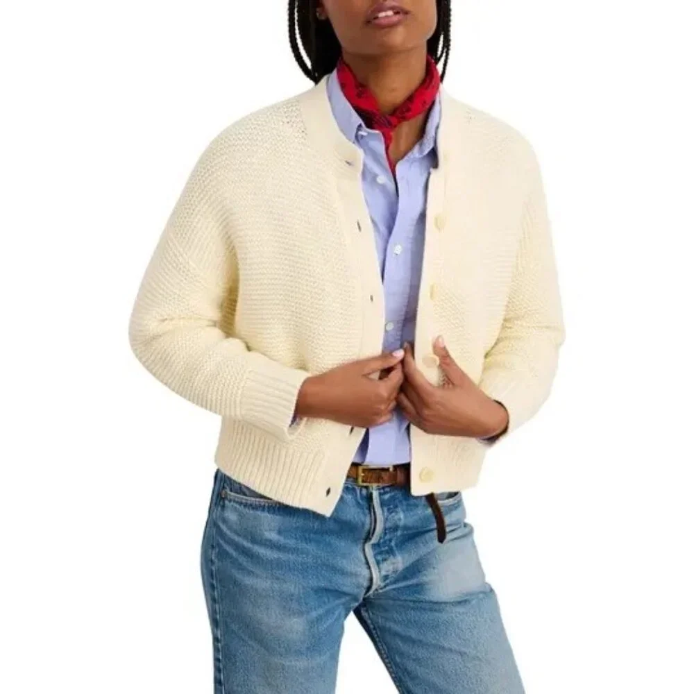 Quiet Luxury Preppy Button Front Cardigan Sweater Minimalist Cream Womens XS/S - Picture 1 of 11